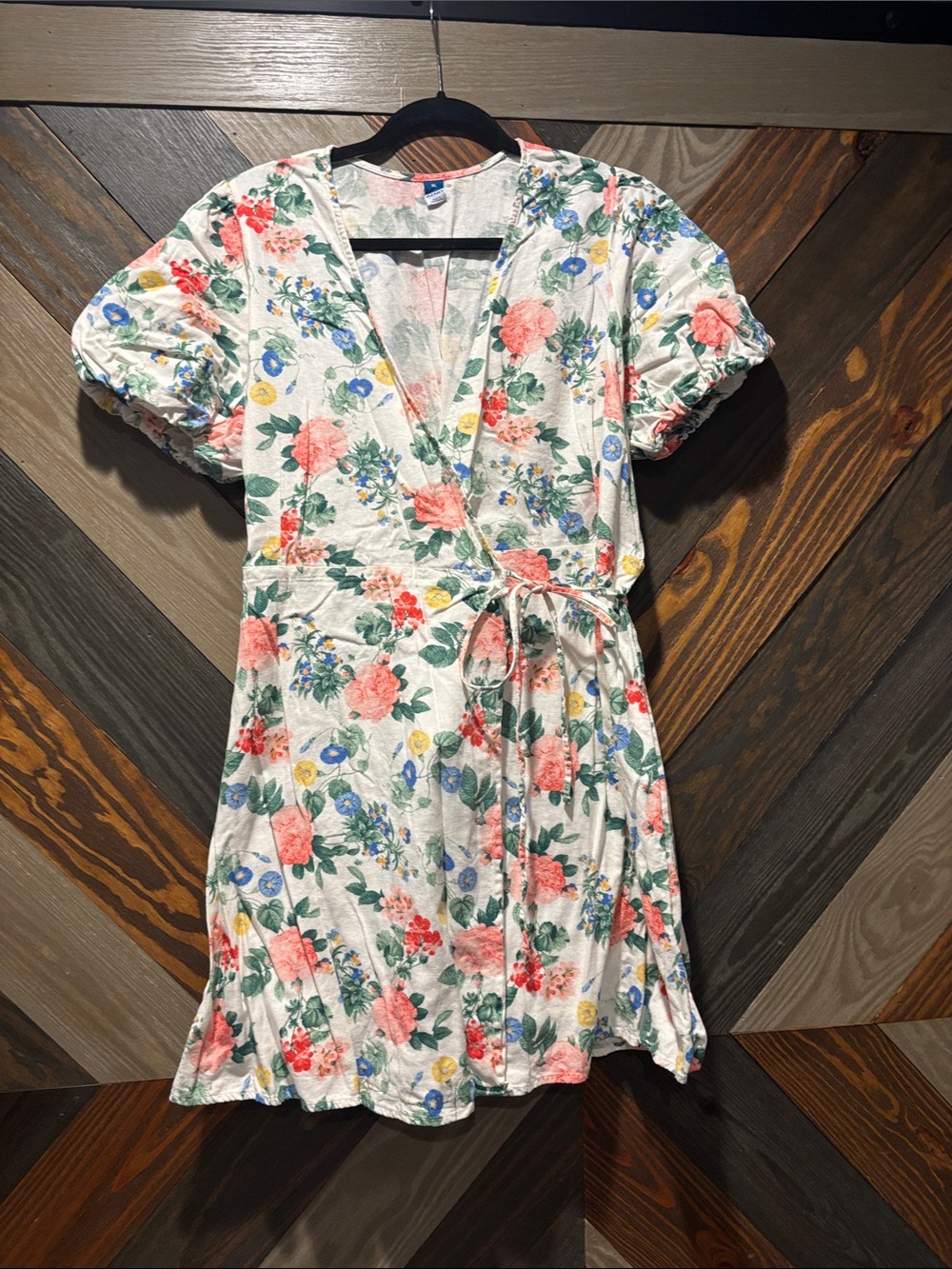 Old Navy White Floral Wrap Mini Dress with Coral & Blue Blooms Size XL